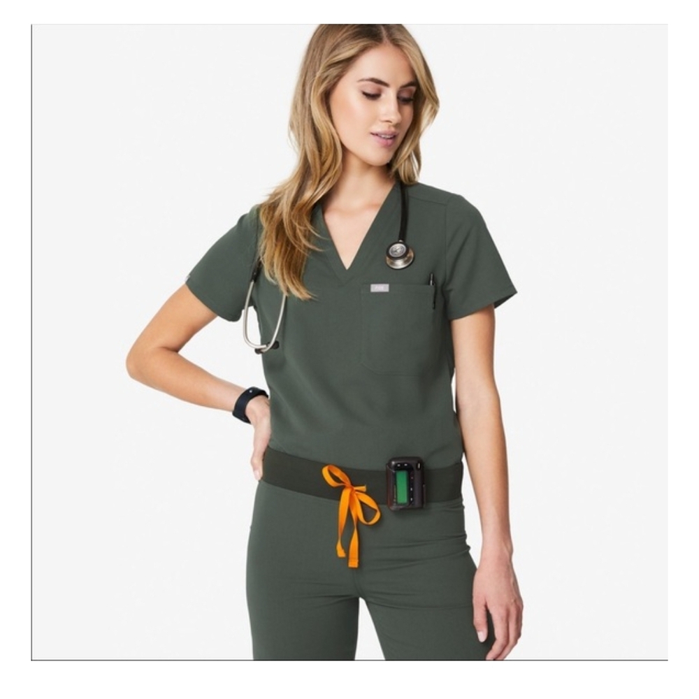 Figs Olive Scrub Set with Orange Accent